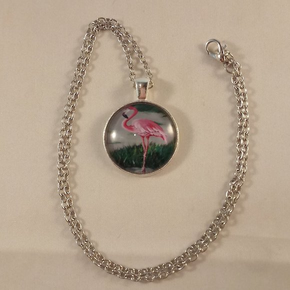 Silver Pink Flamingo Cabochon Pendant Chain Necklace Gift - Picture 3 of 3